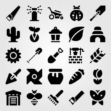 Bahçe simge vektör ayarlayın. Ayçiçeği, komisyon, çim biçme makinesi ve ambar