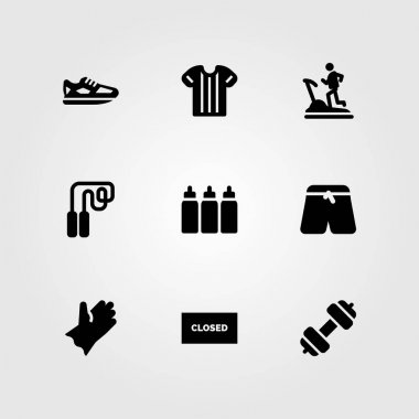 Fitness vektör Icon set. Kaptan, halter, pantolon ve ayakkabı
