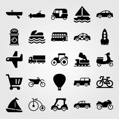 Ulaşım vektör Icon set. Jeep, golf, yelkenli ve Bisiklet