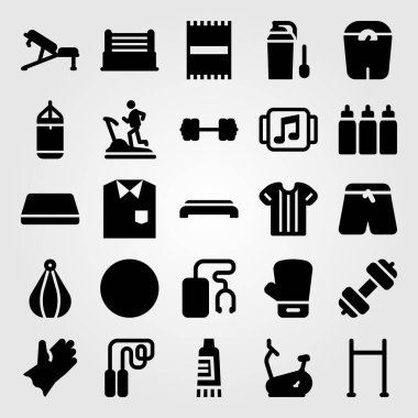 Fitness vektör Icon set. müzik çalar, yüzük, Bisiklet ve ölçek