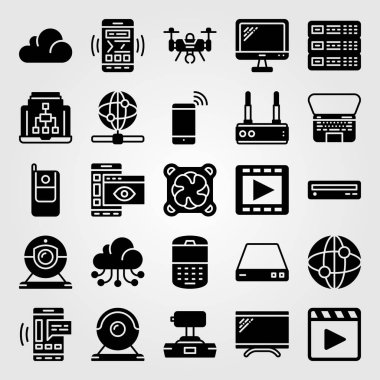Teknoloji simge vektör ayarlayın. sunucu, soğutucu, cep telefonu ve film oyuncu