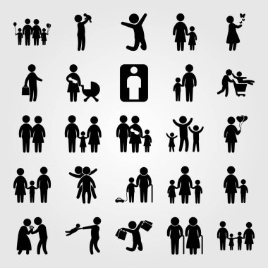 İnsanlar simge vektör ayarlayın. iki chields, Bebek, çiçek veren ve adam atlama adam annesiyle