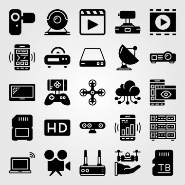 Teknoloji simge vektör ayarlayın. HD, webcam, tablet ve film oyuncu