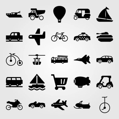 Ulaşım vektör Icon set. Spor Araba, Araba, spor Bisiklet ve jet