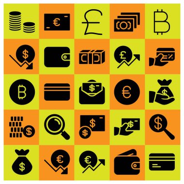 Para simge vektör ayarlayın. Euro, Büyüteç, çanta ve para çantası