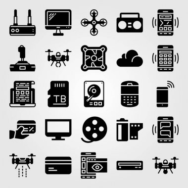 Teknoloji vektör Icon set. dard sürücü, bellek, yönlendirici ve cep telefonu