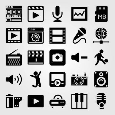 Çoklu ortam simgesini vektör ayarlayın. fotoğraf makinesi, hoparlör, adam ve atlama adam