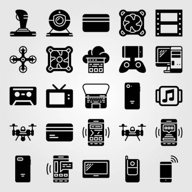 Teknoloji simge vektör ayarlayın. müzik çalar, oyun denetleyicisi, film rulo ve dizüstü