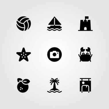 Yaz aylarında vektör Icon set. Voleybol, deniz yıldızı, yelkenli ve portakal