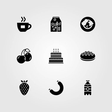 Yiyecek ve içecekler Icon set vektör. meyve suyu, kek, çilek ve sosis