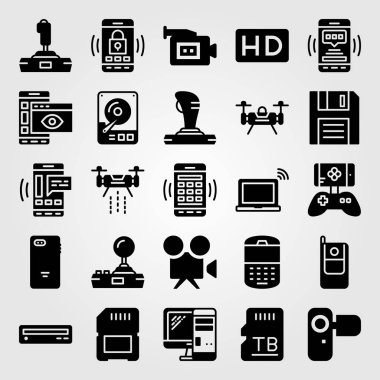 Teknoloji simge vektör ayarlayın. telefon, dvd player, bellek ve cep telefonu