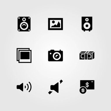 Düğmeleri Icon set vektör. para, ses, fotoğraf ve hoparlör
