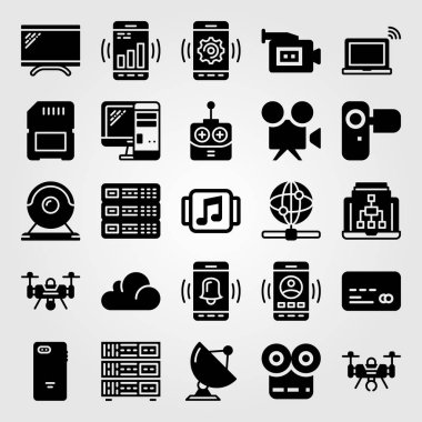 Teknoloji vektör Icon set. Film oynatıcı, monitör, bellek ve sunucu
