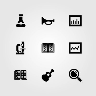 Eğitim vektör Icon set. Büyüteç, analytics, trompet ve gitar