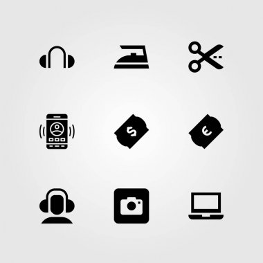 Alışveriş vektör Icon set. fotoğraf makinesi, kulaklık, Bilet ve makas
