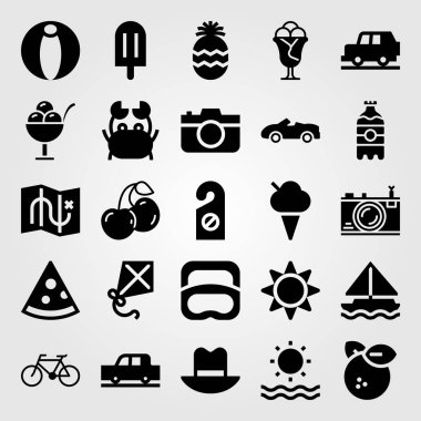 Yaz aylarında vektör Icon set. Dalış, ananas, kiraz ve pizza