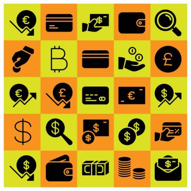 Para simge vektör ayarlayın. paralar, kredi kartı, bağış ve euro