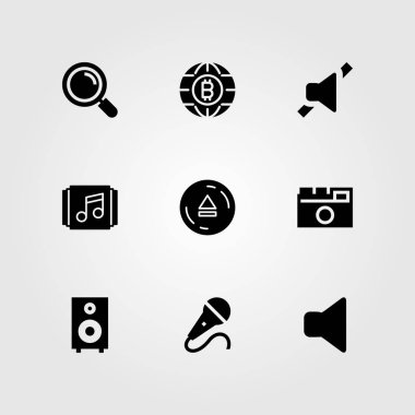 Düğmeleri Icon set vektör. sikke, Büyüteç, çalma listesi ve çıkarma