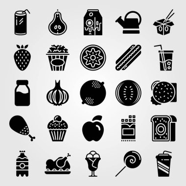 Yiyecek ve içecekler simge vektör ayarlayın. Can, çilek, cam ve et pasta