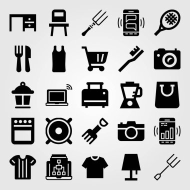 Alışveriş vektör Icon set. Blender, fırın, çatal bıçak takımı ve akıllı telefon