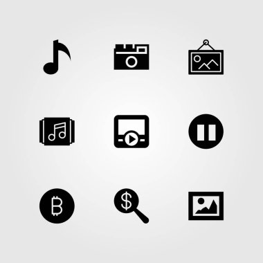 Düğmeleri Icon set vektör. fotoğraf makinesi, Duraklat, film oynatıcı ve para