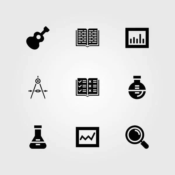 Ensemble d'icônes vectorielles d'éducation. fiole, analytique, livre ouvert et loupe — Image vectorielle