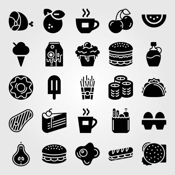 Essen und Getränke Vektor Icon Set. Pommes, Cupcake, Spiegelei und Tee — Stockvektor