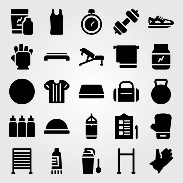 Fitness vector icon set. mat, running, capsules and running shoes — Stock Vector