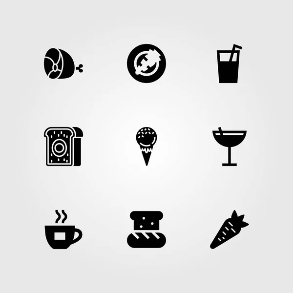 Alimentos y bebidas vector icono conjunto. zanahoria, pan, jamón y taza de café — Vector de stock