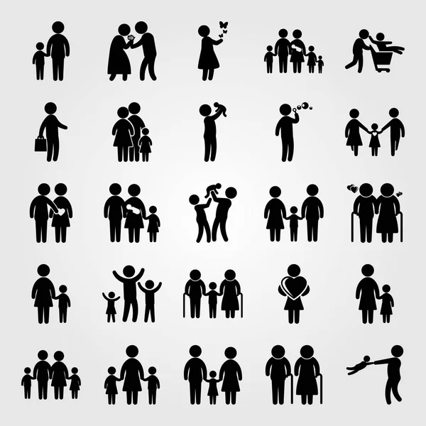 人图标设定向量。男孩, 情侣在爱, 女孩和母亲与儿子 — 图库矢量图片