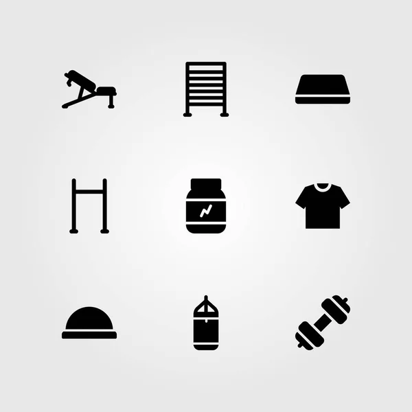 Ensemble d'icônes vectorielles fitness. tapis, barres de gym, barre de traction et banc — Image vectorielle