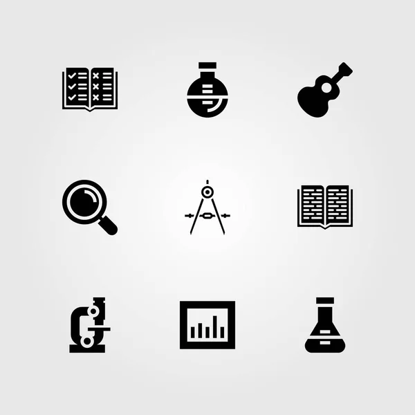 Ensemble d'icônes vectorielles d'éducation. analyse, livre ouvert, fiole et boussole — Image vectorielle