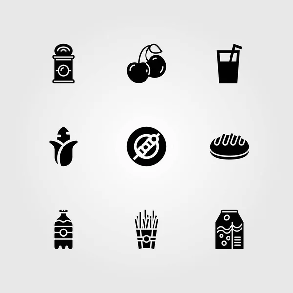 Alimentos y bebidas vector icono conjunto. lata, zumo de naranja, pan y patatas fritas — Archivo Imágenes Vectoriales