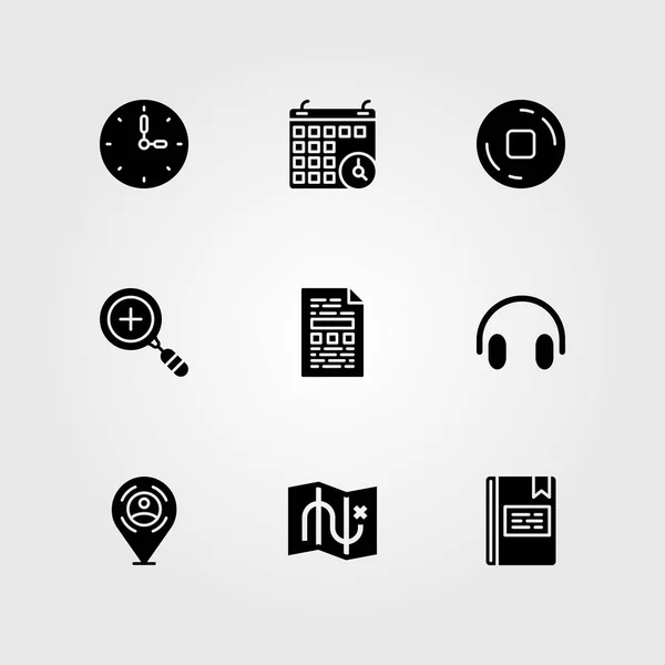 Set di icone vettoriali essenziali. pulsante, file, zoom in e calendario — Vettoriale Stock