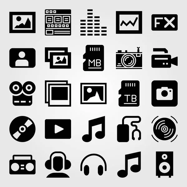 Multimedia vector icon set. SD-kaart, boombox, spreker en foto — Stockvector