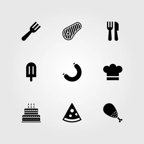 Restaurant vector icon set. cake, cutlery, chicken leg and fork — Stock Vector