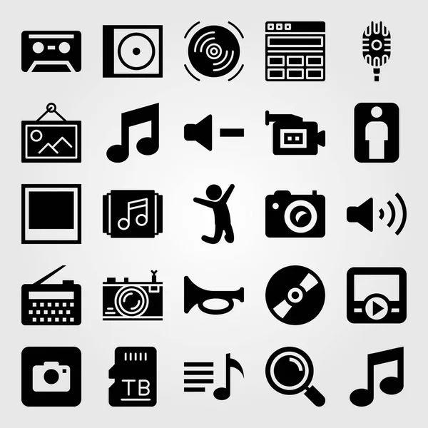Multimedia icon set vector. video camera, cassette, sd card and volume — Stock Vector