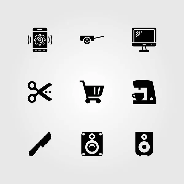 Conjunto de ícones de vetor de compras. carrinho, alto-falante, tesoura e smartphone — Vetor de Stock