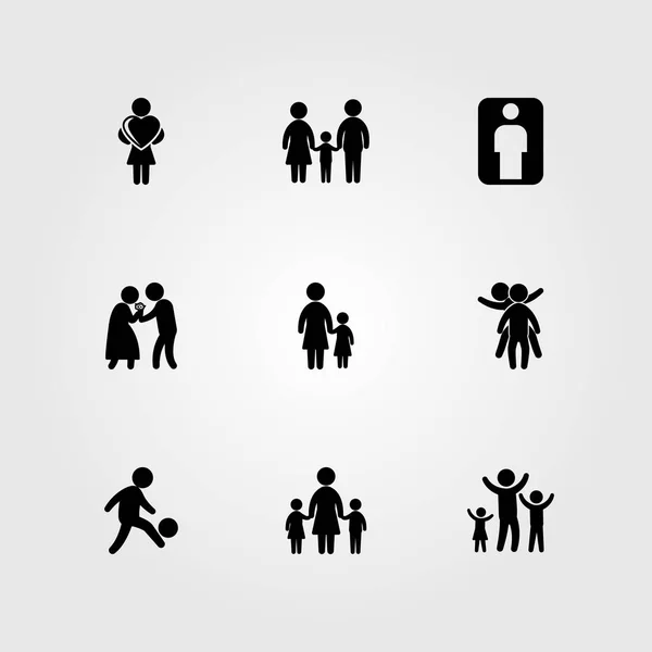 Mens pictogrammenset vector. moeder met twee chields, moeder, man geven bloemen en familie — Stockvector