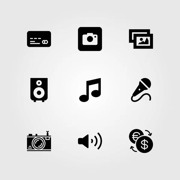 Botones vector icono conjunto. tarjeta de crédito, cámara fotográfica, micrófono y nota musical — Vector de stock