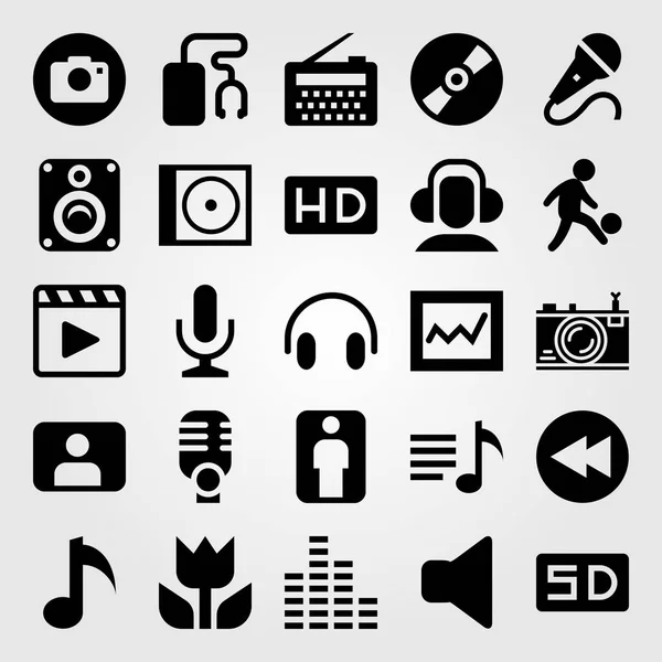 Vetor conjunto de ícones multimídia. câmera fotográfica, disco compacto, leitor de filmes e microfone —  Vetores de Stock