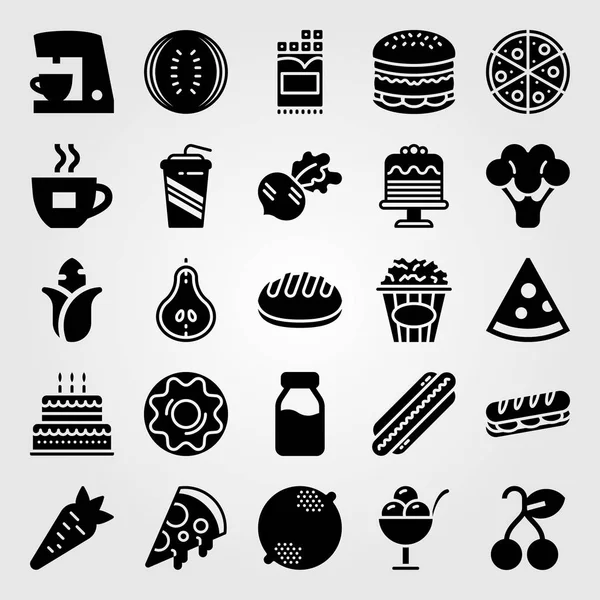 Alimentos y bebidas vector icono conjunto. taza de café, cereza, sandía y hamburguesa — Archivo Imágenes Vectoriales