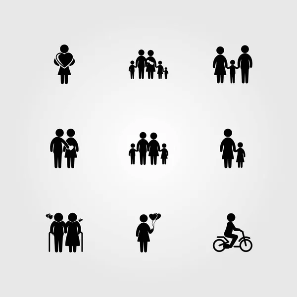 人图标设定向量。孩子骑自行车, 孩子, 妇女和情侣在爱 — 图库矢量图片