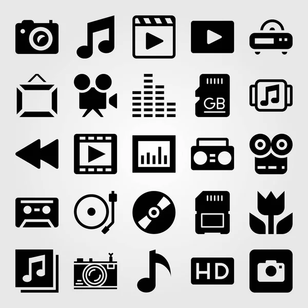 Multimédia ikon készlet vektor. hangjegy, zene lejátszó, CD-t és Analitika — Stock Vector