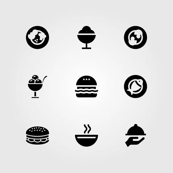 Набор векторных значков ресторана. лоток, грибы, суп и мороженое — стоковый вектор