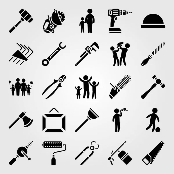 Tools icon set vector. dad, paint roller, chainsaw and plunger — Stock Vector