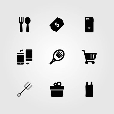 Alışveriş vektör Icon set. alışveriş sepeti, Bilet, tenis raketi ve Hediyelik