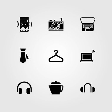 Alışveriş vektör Icon set. laptop, fotoğraf makinesi, kravat ve kulaklıklar