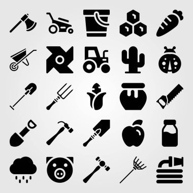 Bahçe simge vektör ayarlayın. Fırıldak, kaktüs, çekiç ve çim biçme makinesi