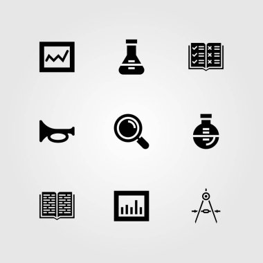 Eğitim vektör Icon set. trompet, açık kitap, Büyüteç ve pusula
